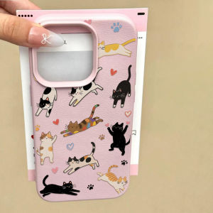 Ốp Điện Thoại Họa Tiết Mèo Dễ Thương Chất Liệu Vải Lychee Dành Cho iPhone 17 Pro Max Tương Thích Với iPhone 16 15 14 13 12 11 Plus Chống Xước Chất Liệu Silicon Giả Da
