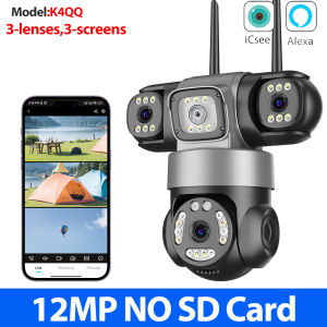 12MP 6K iCsee Wifi Security Camera Outdoor Three Lens Three Screens Surveillance Camera Night Vision Human Detection Tracking