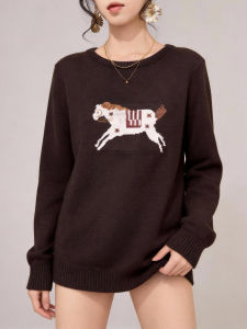 QINGNAER | Vintage Cartoon Horse Embroidery Knitwear Loose Oversized Womens Sweater