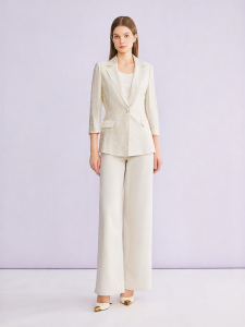 Single Breasted Cinched Waist Textured Jacquard Blazer