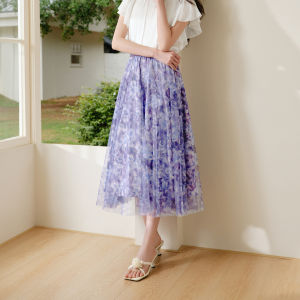 Koradior | Romantic Print Purple Skirt Mid-Length