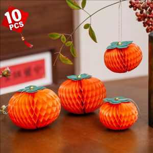 10Pcs Lucky Persimmon Honeycomb Ball Pendant Chinese New Year 3D Persimmon Potted Plant Hanging Pendant Festival Home Decoration (in stock)