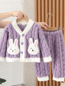 ชุดนอนเด็กผ้าฟลานเนลลายการ์ตูน เสื้อผ้าเด็กบอร์บอนขนแกะฤดูใบไม้ร่วงและฤดูหนาว ชุดนอนเด็กผ้าฝ้ายโพลีเอสเตอร์