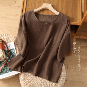 Ladieswear Classy Linen Pullover Tops Womens Summer New Arrival Pure Color All-Matching Loose round Neck Cotton Linen Short Sleeve T-shirt