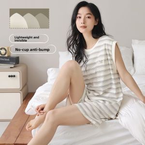 miiow | Cat Lady Summer Sleepwear Set Pure Cotton Sleeveless Vest With Chest Pad Thin Shorts Casual Home Clothes Sporty Style For Young Women
