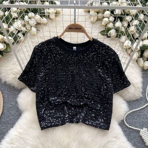 Shiny Short Sleeve T-Shirt Womens Commute Fashion round Neck Overhead Summer Trendy Short Style Glittering Top Korean Loose Fit