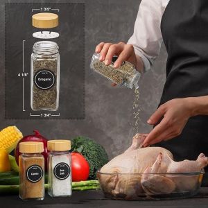 4oz Herbs Spices and Seasonings Square Containers Seasoning Glass Spice Storage with Bamboo Cover