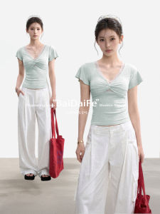 BAIDAIFEI | Summer Lace V-Neck Short Sleeve T-Shirt Short Top