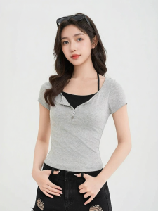SANFU | Design Feel Summer V-Neck Illusion Two-Piece Tee Shirt