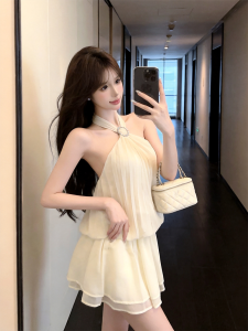 GUZILIAN | Đầm Dây Hở Lưng Cột Đằng Sau Ôm Eo Không Tay