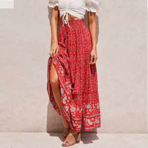 Phong Cách Bohemian Holiday Print Hollow Out Dáng Chữ A Dài Váy Cotton Vải Bông Lụa Nửa Bãi Biển Váy Có Dây Thắt Lưng Rộng Rãi Fit Nữ Thời Trang