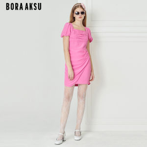 Bora Aksu Summer New Bubble Sleeve Square Collar Viscose Pleated Wrap around Dress B1DDW64810 Womens Fashion Bodycon Dress