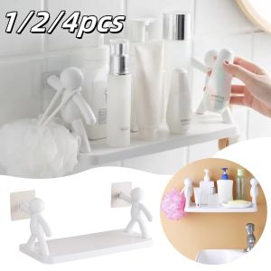1-4pcs Wall Mounted Non Perforated Storage Rack Bathroom Rack Cute Little Person Shelves Support Kitchen Bathroom Storage Rack