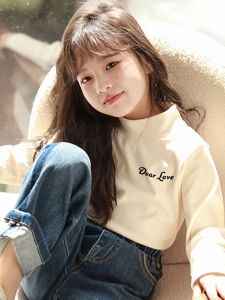 Double-Sided Velvet Long-Sleeve T-Shirt for Girls Spring Autumn Half-High Collar Inner Wear Casual Style Standard Fit Polyester Fiber