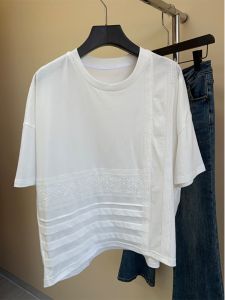 Casual Cotton Short Sleeve T-Shirt Embroidered Lace Patchwork Pleated Summer New Style Womens Fashionable without S Corner
