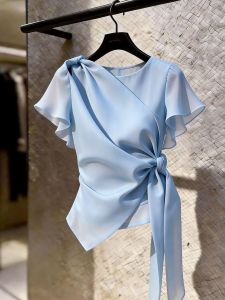 Flattering Tie-waist Blue Bell-sleeve Top for Women
