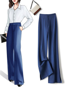 TUOYUN | Peacock Blue Womens High Waist Drapey Asymmetrical Slimming Micro Flared Pants Spring Autumn Style Business Casual Trousers