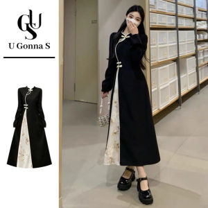 Women Long Dress Cheongsam 2024 Long Sleeve A-line Elegant Traditional Clothing for Temple Casual Daily Occasions School Uniform Black Long Gown Stretchable