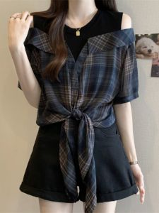 Flattering Fashionable False Two-Piece Off-Shoulder Plaid Shirt Summer
