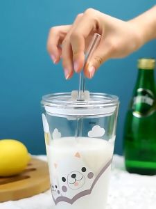 Eatkit Gelas Air Kaca 400ml Cangkir kopi dengan tumbler retro kantor sedotan