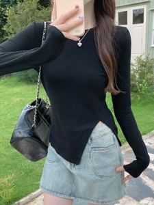 Asymmetrical French Style Square Collar Bottoming Shirt: A Figure-Flattering Early Autumn Fashion Statement