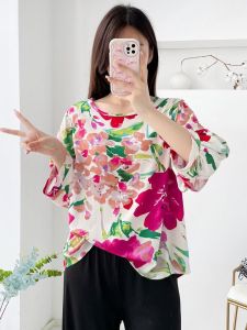 เสื้อยืด Pure ผ้าฝ้าย ผ้าไหม ผู้หญิง ฤดูร้อน รูปแบบใหม่ พลัสไซส์ แขนสามส่วน ลายดอก พรางหุ่น ประดิษฐ์ ผ้าฝ้าย แขนสั้น เสื้อท่อนบน