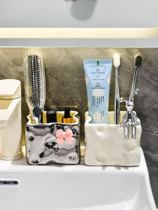 Bathroom Ceramic Storage Rack Toothbrush Makeup Brush Vanity Countertop Organizer Luxurious Style No-Installation Needed