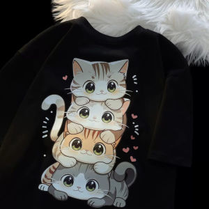 Cute Cartoon Cat Print Womens Round Neck Short Sleeved T-shirt Casual Loose Versatile Summer Tshirt Aesthetic Clothes