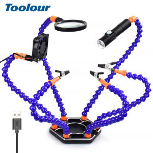 Giá Đỡ Hàn Toolour Helping Hand Với 6 Cánh Tay Linh Hoạt Đèn Pin LED Kính Lúp 3X Và Quạt Hút Khói Phụ Kiện Hàn