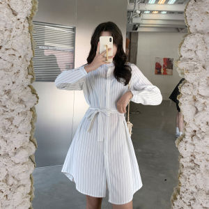 Gaun Wanita Kemeja Lengan Panjang Kaos Atasan Longgar Bergaris Vertikal Desain Di Atas Lutut