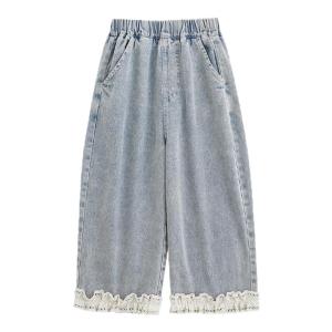 Retro Lace Trim Hollow out Denim Pants Loose Straight Leg for Girls Spring Season Casual Cotton Blend Fabric Versatile Cute
