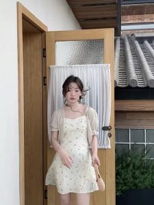 NIHAOKANONG | Đầm Tank Hoa Văn Thanh Lịch kèm Áo Cardigan Knit
