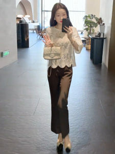 French Elegant Embroidered Lace Shirt High Waist Slimming Flared Pants Two-Piece Set Autumn 2024 Fashion Ladies Ensemble