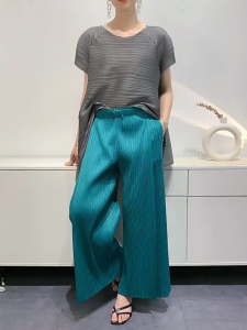 KESHANGYI Miyake Summer Pants Womens Comfortable Casual New Loose Straight Leg Pants Wide Leg High Waist Slim Pleated Pants