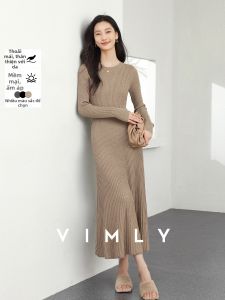 Vimly | Đầm Len Cổ Tròn Thời Trang Dài Tay Oatmeal