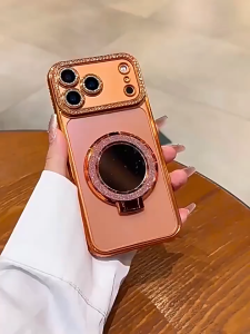 Ốp lưng iPhone 17 Pro Max có gương trang điểm nhỏ & giá đỡ nam châm màu cam nhiều lựa chọn màu sắc tương thích Magsafe thiết kế kiểu kim cương dễ thương bảo vệ cụm camera hỗ trợ các dòng iPhone 18 / 16 / 15 Pro Max / Plus