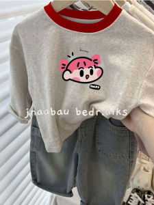 Long Sleeve Cartoon Print Patchwork Round Neck Loose T-Shirt for Girls