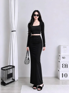 Set áo croptop cổ vuông tay dài kèm chân váy bút chì KVYBODY S36 chất thun cotton borip lụa dày mịn co giãn