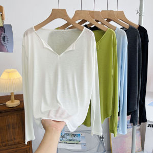 เสื้อคลุมกันแดดคอวีแขนยาวผ้าถักบางสำหรับผู้หญิงในช่วงฤดูร้อน เสื้อคลุมกันแดดแบบสวมหัวสำหรับผู้หญิงตัวเล็ก เสื้อยืดแฟชั่น