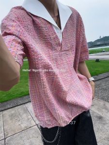 NANSSE | Áo Sơ Mi Ngắn Tay Kiểu Hàn Quốc Giả Lớp Caro Vòng Cổ V Co Dãn