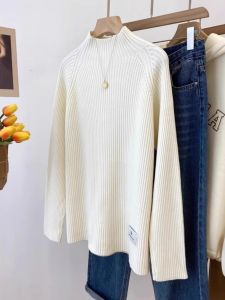 เสื้อสเวตเตอร์ถักหนาคอปกสูงสไตล์เกาหลีสำหรับผู้หญิง ทรงหลวม สวมใส่สบาย เสื้อเชิ้ตถักลายทางสำหรับฤดูใบไม้ร่วงและฤดูหนาว