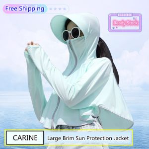 CARINE Sunscreen Jacket for Women Summer UV Protection Ice Silk Sun Protection Cardigan Large Brim Sunscreen Clothes for Lady