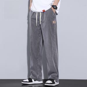 ROMON | Romon Mens Summer Thin Ice Silk Wide Leg Sporty Drape Loose Straight Casual Pants Trendy Long Trousers Youthful Energy Style