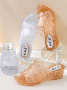 New Crystal Wedge Heel Slippers Women Summer Plastic Transparent Mom Sandals High Heel Anti-Slip Deodorant Indoor Outdoor Wearable Shoes