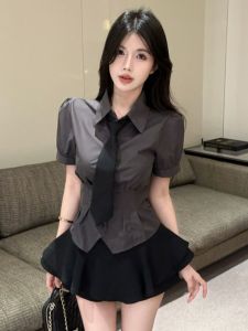 GUZILIAN | ชุดนักเรียนสไตล์เกาหลี JK ชุดกระโปรงสั้นแขนสั้นเข้ารูป เสื้อเชิ้ตผู้หญิง Pure Desire ชุดสองชิ้น ชุดทำงานฤดูร้อน 2025