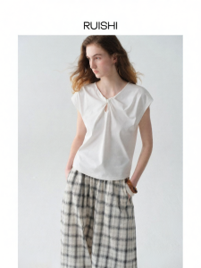 epoque de rueen | Cotton Structured Knot Elegant V-Neck Short Sleeve T-Shirt Summer