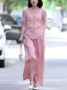 Summer Clothing New Long Sleeve Shirt Loose Pants Casual Two-Piece Suit Literary Fan Minimalist Loose Western Style Slimming Plus Size Ladies