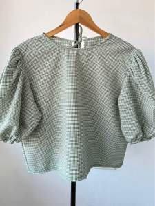 MjBella Fashion Mira Seersucker Gingham Checkered Puff Sleeve Blouse for Women