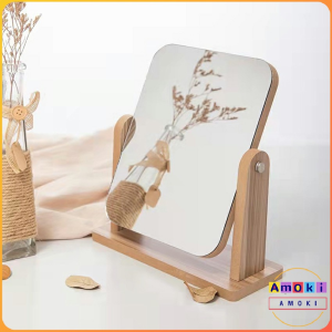 HD Wooden Mirror 360 Degree Portable Adjustable Table Desk Mirror Stand Bathroom Living Room