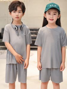 Kids Ice Silk Pajamas Summer Thin Short-Sleeved Shorts 2-Piece Set Large Boys and Girls Childrens Home Wear Suit Summer